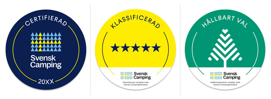 Bild på tre dekaler som visar certifiering, klassificering samt hållbart val.